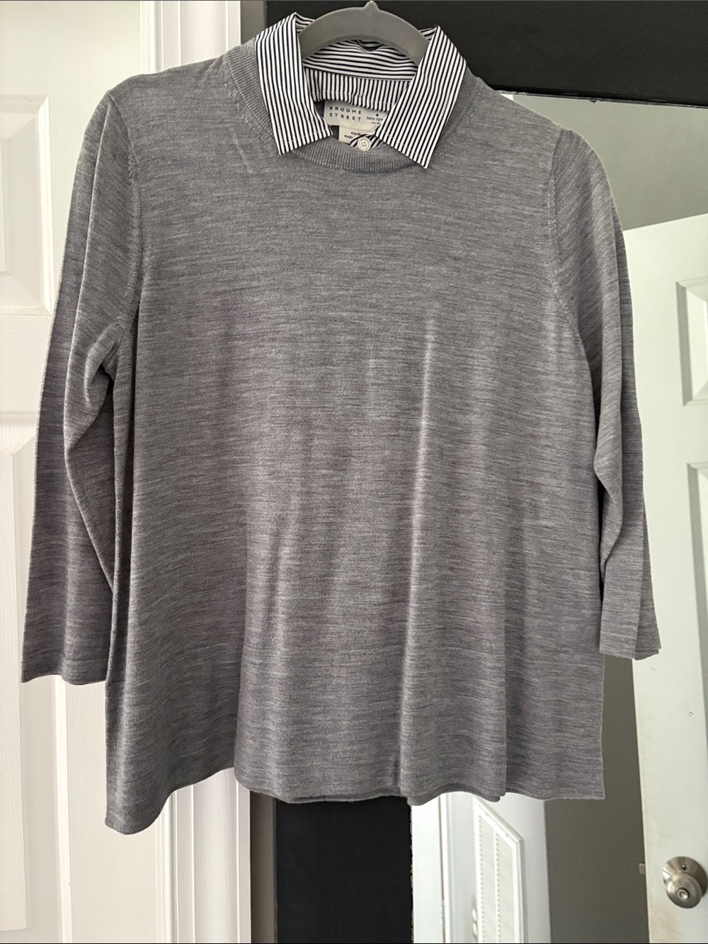 kate spade-ish Heather Gray Layered-Look Long Sleeve Sweater with Striped Collar